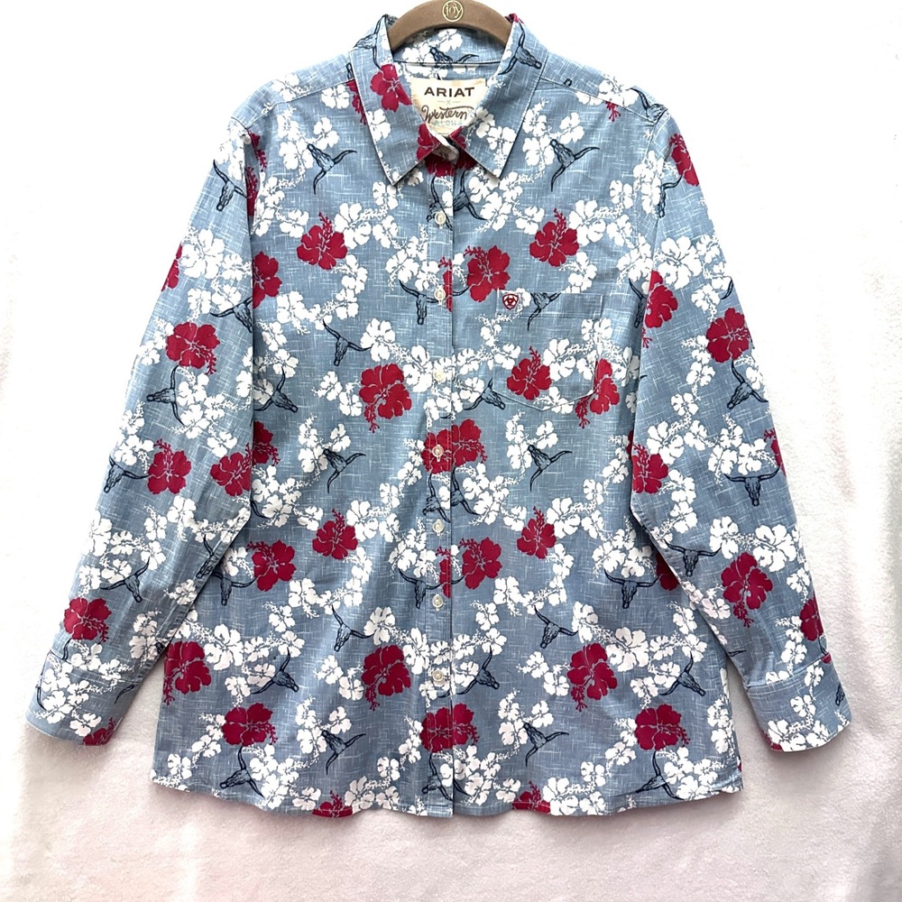 Ariat Western Aloha Womens 1X Blue Hibiscus Longhorn Skull Button Down Shirt